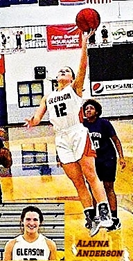 Pictured is Alayna Anderson, Gleason High School (Tennessee) going in for a layup in her #12 uniform, and in shoulder portrait shot.