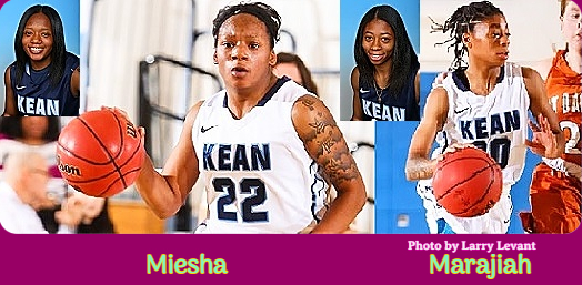 Images of basketball playing twin sister, the Bacons, Miesha (#22) and Marajiah (20).  Marajiah on the right, dribbling to our right, photo by Larry Levant;  on our left, Miesha dribbling towards us. Both in white uniforms; smaller portraits in blue uniforms are included as well.