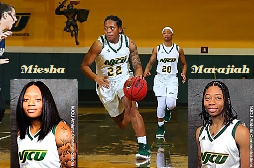 Images of basketball playing twins, women basketball players for New Jersey City University. Shown running up court, #22, Miesha Bacon, behind her sister Marajiah; photo by Rich Graessle.