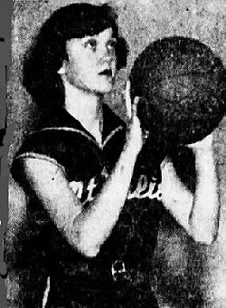 Posed image of Tennessee girl basketball player Barbara Walker, Mt. Juliet High, shooting a set-shot. From The Nashville Tennessean, Nashville, Tenn., February 25, 1954.