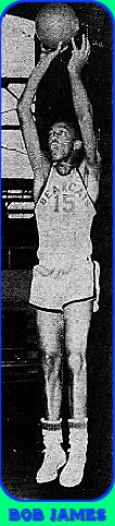 Image of boys basketball player, Bob JAmes, Central High School in Michigan, in BEARCATS uniform, #15, up in air near basket with ball in both hands high above his head. From The Battle Creek Enquirer and News, BAttle Creek, Michigan, February 1, 1967.