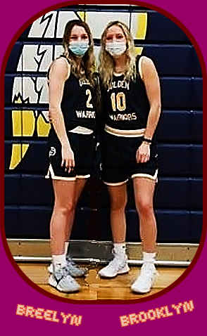 Pictured, standing, cropped from team photo, arefraternal twins and basketball player teammates, Breelyn, #2 (on left) and BrooklynBorum (on right), #10. In their Golden Warrors dark uniforms (Sterling High School, Illinois).
