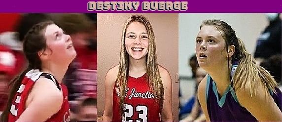 Three images of Missouri girls' basketball player, Destiny Buerge, Carl Junction High School. One facing to our right, action shot  from shoulders up, looking up at scoreboard. Middle shot is a portrait showing number 23, then 3rd image is her  looking to the left, also shoulder shot in a Team Tulsa Purple unform from September 2020.