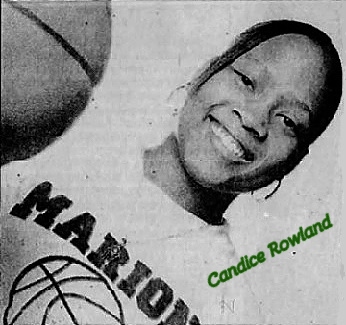 Picture of girls basketball player Candice Rowland, Marion High School (Louisiana) with basketball. Image tilted diagonally to right. From The News-Star, Monroe, Louisiana, February 1, 2005. Photo by Michael Dunlap.