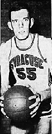 Image of basketball player, Chuck Richards, Syracuse Warriors, #55, with basketball, about to pass. From The Evening Press, Binghamton, New York, March 23, 1965.