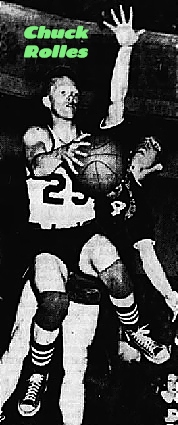 Image of boys basketball player, Chuck Rolles, in game for the Binghamton Central High School where he scored 63 points in a 88-40 win over Elmira Southside to clinch the STC championship. Pictured is Rolles, #25, up in the air with ball, guarded by McGann of Southside. From the Binghamton Press, Binghamton, New York, February 23, 1952.