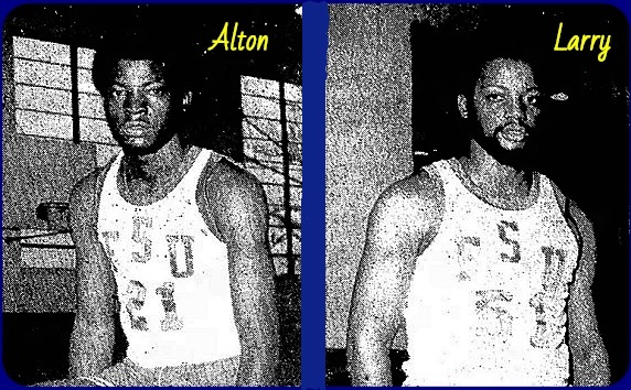 Pictures of brothers Alton (l.) and Larry (r.) Cogdell, Fayetteville State University basketball players, 1972-73. Alton is number 21, Larry number 51. From The Robesonian, Lumberton, North Carolina, January 22, 1973.