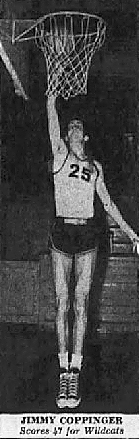Imag of Tennessee boys basketball player, Jimmy Coppinger of the Hixson High Wildcats team. Shown jumping vertically high putting the ball in the basket, From The Chattanooga Times, Chattanooga, Tennessee, on February 28, 1962.