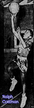 11-year old, four foot six inch, Ralph Cottman, owner of record 56 points in a game for the Norristown (Pennsylvania) YMCA floor team shooting a layup up in air, right knee bent, ball in right hand, wearing number 3 uniform. From The Coshocton Tribune, Coshocton, Ohio. April 13, 1953.