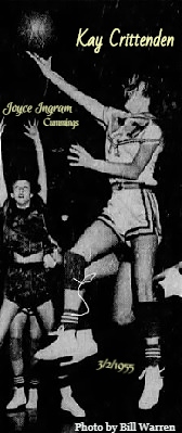Georgia girls basketball player, Kay Crittenden, Terrell County High School, going up for a right handed layup, right knee bent, guarded by Cumming's Joyce Ingram. For one of her 48 points, March 2, 1955. From The Atlanta Constitution, 3/3/1955. Photo by Bill Warren.
