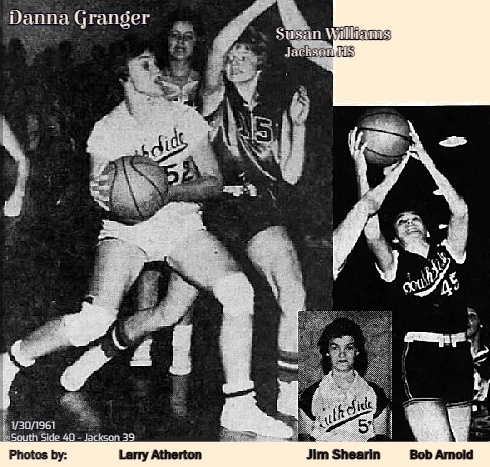 Collage of three images of Dann Granger, Tennessean girls basketball player for the South Side High School Hawkettes team. On left is an action shot of her striding towards the basket, guarded by Jackson Highs Susan Williams (#15) in a 1/30/1961 game, won by South Side 40 to 39; photo by Larry Atherton, in The Jackson Sun, January 31, 1962. In the center is a frontal body shot, from belt up, from The Jackson Sun, JAn. 19, 1961, photo by Jim Shearin. Both these shos in white uniforms. Image on right is of Granger, in dark uniform #45, up in air fighting for the ball, from The Jackson Sun, March 3, 1961; photo by Bob Arnold.