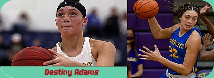 Images of Destiny Adams, star basketball player on the Manchester Township High School in New Jersey. One a close up in white uniform of her shooting a foul shot, the other, in blue uniform, number 22, driving around a defender.
