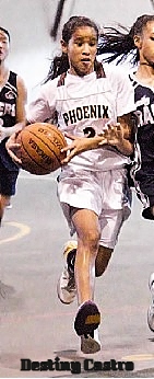 Image of Destiny Castro, Mount Carmel Middle School Phoenix basketball player, driving upcourt. From the PAcific Daily News, Agana, Guam, December 18, 2010. Photo by Patrick Camacho.