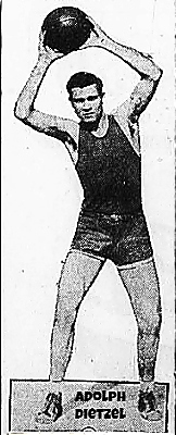 Picture of Adolph Fietzel holding a basketball over his head, looking to pass. The T on his uniform is for Texas Christian Universiy where he set many scoring records. From The Ogden Standard-Examiner, Ogden, Utah, March 20, 1932.