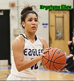 Image of girls basketball player Krystyna Ellew, Taft High School (Chicago, Illinois), in Eagle uniform, shooting a foul shot.