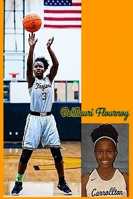 Images of girls basketball player De'Mauri Flournoy, Carrollton High School (Georgia). Shooting a ful shot, ball having left her hand; in Trojans uniform number 3 facing us, and a portrait image.