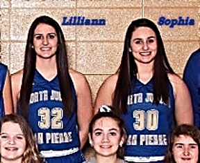 Image of basketball playing sisters, Lilliann and Sophia Frasure. Cropped from a 2019-20 team photo, Lilliann, #32, on left, Sophia, #30, on the right. In blue uniforms..