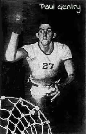 Image of Virginian boys basketball player for John Marshall College (Virginia), number 27, looking up at the basket, throwing the ball towards it, in a photograph from The Times-Dispatch, Richmond, Virginia, January 27, 1949.