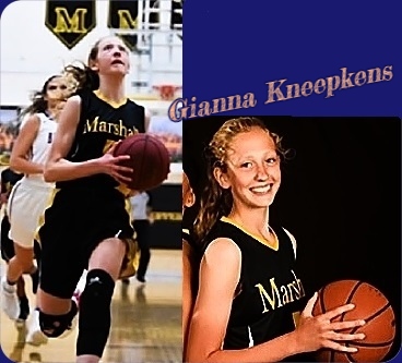 Images of girls basketball player, Gianna Kneepkens of the MArshall High Hilltoppers team in Minnesota. Shown driving in for a layup, and side view from shoulders up looking at camera with a basketball, from the 2018-19Minnesota Basketball News.
