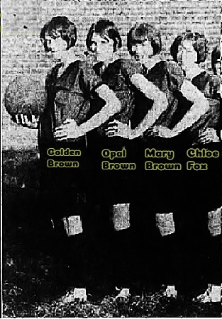 From a team photo for Lamar High School (Tennessee) from The Knoxville News-Sentinel, Knoxville, Tenn., February 12, 1928. From left to right (facing our left):sisters Golden Brown, OPal Brown and Mary Brown..