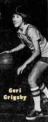 Posed image og girls basketball player, Geri Grigsby, of the McDowell High School Lady Dare Devils basketball team (Kentucky), dribbling the ball crouched a bit, 3/4s to our left; during the Ninth Region Basketball Tournament, 1st round, at Campbell County: final score  Campbell Co. 60 to 55. From The Courier-Journal, December 11, 1975.