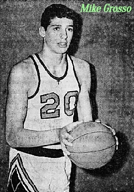 Image of New Jersey boys basketball player, Mike Grosso, Bridgewater-Raritan High School, #20, posing, passing the ball to his left. From The Courier-News, Bridgewater, N.J., February 20, 1965.