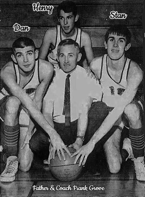 Image of the Grove brothers, kneeling by their father and coach Frank Grove: Dan on the left, Stan on the right, Henry behind. From The World, Coos Bay, Oregon, January 22, 1969. Photo by Keith Topping.