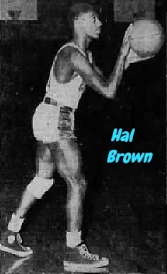 Full body side view of boys basketball player, Hal Brown, York High School (Pennsylvania. Right foot forward getting ready to shoot. From The Gazette and Daily, York, Pennsylvania, March 5, 1952.