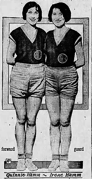 Drawing of the Hamm Sisters, Sparkman High School Sparklers girls basketball team from Arkansas. Quinnie (forward) and Irene (guard). From The Hartford Courant, Hartford, Connecticut, March 24, 1930.