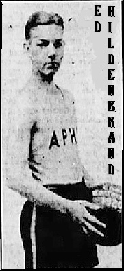Image of Asbury PArk High School (New Jersey) boys basketball player, Eddie Hildenbrand, in APHS uniform, holding basketball, facing to our right. From the Asbury Park Sunday Press, February 18, 1951.