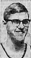 Picture of boys basketball player John Hurst of the Newcomerstown High School Trojans of Ohio, shown facing to his left, wearing glasses, from The Coshocton Tribune, Coshocton, Ohio, February 8, 1965.