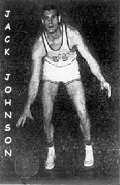 Image of Jack Johnson, boys basketball player, Bell COunty High School Bobcats in Tennessee, posing in a defensive position. From The Knoxville News-Sentinel, Knoxville, Tennessee, February 10, 1957.