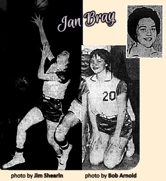 Images of girls basketball player Jan Bray, Henderson High School (Tennessee). Cropped from team photo, in front, right knee uo, #20, from the Nashville Banner, Nashville, Tenn., March 29, 1960, photo by Don Foster; portrait photo from the Nashville Banner, March 26, 1960; actio photo of Ms. Bray shooting a right handed hook shot, from The Jackson Sun, Jackson, Tenn, February 21, 1960, photo by Jim Shearin; Cropped from team photo, Jan Bray, number 20, on floor, both knees on ground, from The Jackson Sun, March 6, 1960, photo by Bob Arnold.