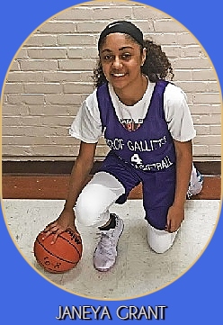 Image of 13-yr. old girls basketball player, Janeya Grant, playing for the Prof Gallitto Girls Youth BAsketballl League (Middleton, Connecticut), kneeling on one knee, in uniform #4, with basketball.
