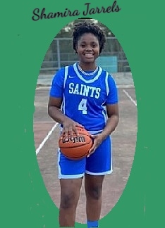 Image of girls basketball player, Shamira Jarrels, West Feliciana High School (Louisiana), shown posing with basketball in blue SAINTS uniform, #4.