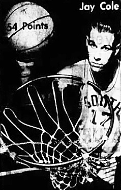 Imagefrom above the basket looking down, of boys basketball player Jay Cole, Knoxville South High School (Tennessee), #17 in white SOUTH jersey, with basketball, looking up at basket. From The Knoxville Journal, Knoxville, Tenn., February 28, 1963.
