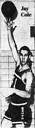 Picture of boys basketball player Jay Cole, Knoxville South High School Rocket of Tennessee, in black #41 uniform, posing in front of wall, shooting right-handed hook shot. From The Knoxville Journal, Knoxville, Tennessee, JAnuary 26, 1962.