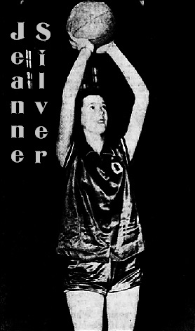 Picture of North Carolina girl basketball player, Jeanne Silver, Old Fort High School, holding ball high over her head preparing to shoot. From the Asheville Citizen-Times, Asheville, N.C., February 7, 1954. Kluttz photo.