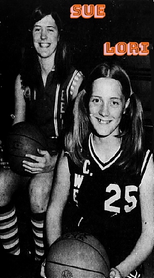 Image of girls basketball sisters from Iowa, Sue and Lori Jones, seated next to eaxh other, both holding basketballs on their laps. Sue, Heelan High senior is in rear, Lori, West High Wolverine, #25 with pony tails on each side, is in front. From The Sioux City Journal, Sioux City, Iowa, December 31, 1971.