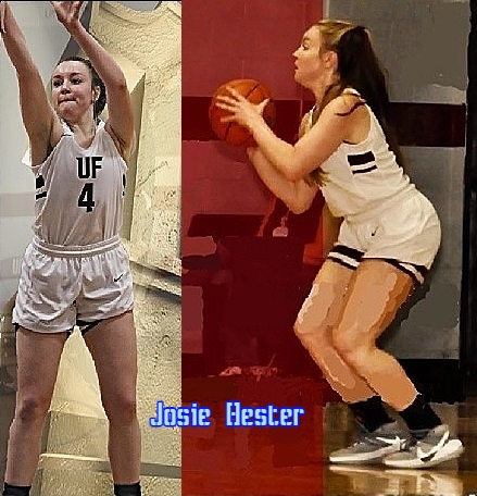 Images of girls basketball player, Josie Hester, United Faith Christian ACademy (Charlotte, North Carolina). In whitye #4 uniform shooting a jump shot, and side view showing her preparing to shoot.
