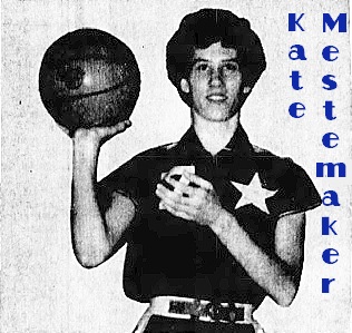 Image of Kate Mestamaker, SHooting Stars player, fcing camera, holding ball up with right hand. From The Daily News, Port Clinton-Oak Harbor, Ohio, November 16, 1967.