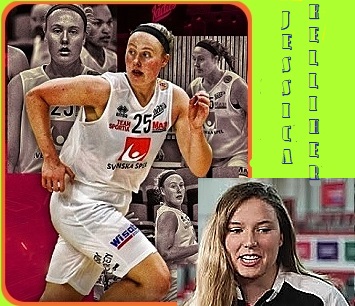 Image of basketball player Jessica Kelliher, #25 on the Visby LAdies team in Sweden's top pro league. Pictured heading fowncourt as well as a portrait, glancing downward..