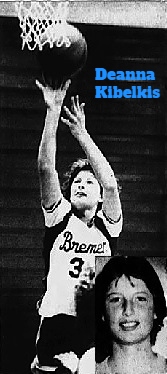 Images of Illinois girls basketball player, Deanna Kibelkis, Bremen High School. Shooting a jump shot, photo by Mike Voss, from The Star, Tinley Park, Ill., Feb. 20, 1986. Portrait, same newspaper, 1/11/1985.