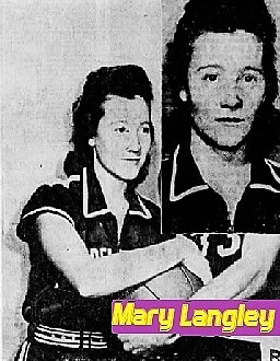 Images of girls basketball player, Mary Langley, Franklin High School, Tennessee. Shown, cropped and repurposed photo by Dale Ernsberger, from the The Tennessean, Nashville, Tenn., 1/26/1960, holding ball and looking to the right, uniform in view, right arm hooked to hold ball. Portrait from sma enewspaper, 1/12/1961.