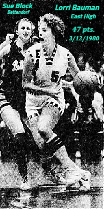 Action shot of #5, Lorri Bauman, girls basketball player for East High School (Des Moines, Iowa), driving around Sue Block, defender for Bettendorf High, in game where BAuman scored 47 points in a Class 4-A semi-final, MArch 12, 1980, won by East, 74 to 55. From the Des Moine Tribune, 3/13/1980. Photo by Larry E. Neibergall.