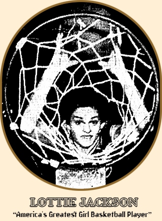 From a March 1939 syndicated article on the Galveston Anicos, who would soon win their second consecutive A.A.U. girls national championship in a row, a picture of Lottie Jackson from above looking up through the basket net with basketball cocked for scoring. She is called 'America's Greatest Girl Basketball Player.
