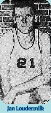 Image of boys basketball player, Jan Loudermilk, Big Spring High School (Texas), posing in front of brick wall, in uniform number 21, left arm on knee. From The Bryan Daily Eagle, Bryan, Texas, January 13, 1958.