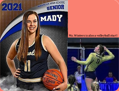Images of West Virginia girls basketball player Mady Winters, agnolia High School. Shown posing with basketball in blue #11 uniform and playing volleyball in green jersey.