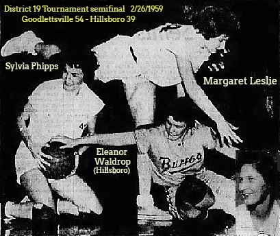 Images of girls basketball player Margaret Leslie of the Goodlettsville High School Trojanettes (Tennessee). Portrait shot from The Nashville Banner, January 30, 1959. Action picture from the District 19 Tournament semifinal, 2/26/1959, score: Goodlettsville 54 - Hillsboro 39. Margaret Leslie is shown balancing on one leg, her left one, right leg up n air as she maintains balance. On ground is teammate Sykvia Phipps recovering the basketball. Also on the ground, on our right is Hillsboro guard Eleanor Waldrop, in her Burros jersey. From The Tennsessean, Nashville, Tenn., Feb. 27, 1959. Photo by Bill Preston.