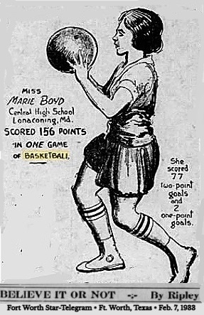 A Ripley's Believe it or Not, from the Fort Worth Star-Telegram, Ft. WOrth, TExas, February 7, 1933 with drawing of her shooting, to note her 156 point game.